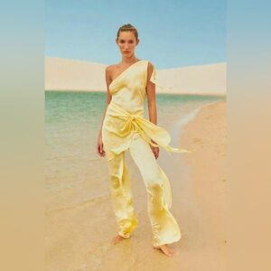 NWT Baobab Collection One-Shoulder Satin Jumpsuit in Pale Yellow